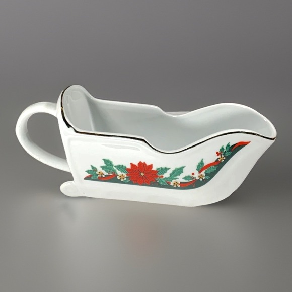 Tienshan Other - Tienshan Deck Halls Sleigh Gravy Boat Christmas Candy Dish Poinsettia 10"Lx3.75"